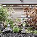 Tranquil Indoor Landscape With Bamboo Blinds Lush Green Plants Orange Tree Rocks And Stacked Stones