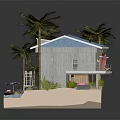 Cartoon Scene Featuring Blue Roofed Cottage Palm Trees Small Boat And Sand On Beach