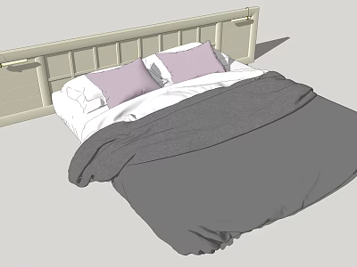 Double Bed Bedroom Interior with Light Colored Headboard Purple Pillows and Gray Blanket 3d model