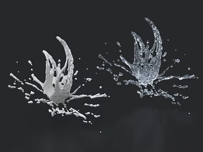 Water And Milk Splashes With Dynamic Flying Droplets On Black Background 3d model