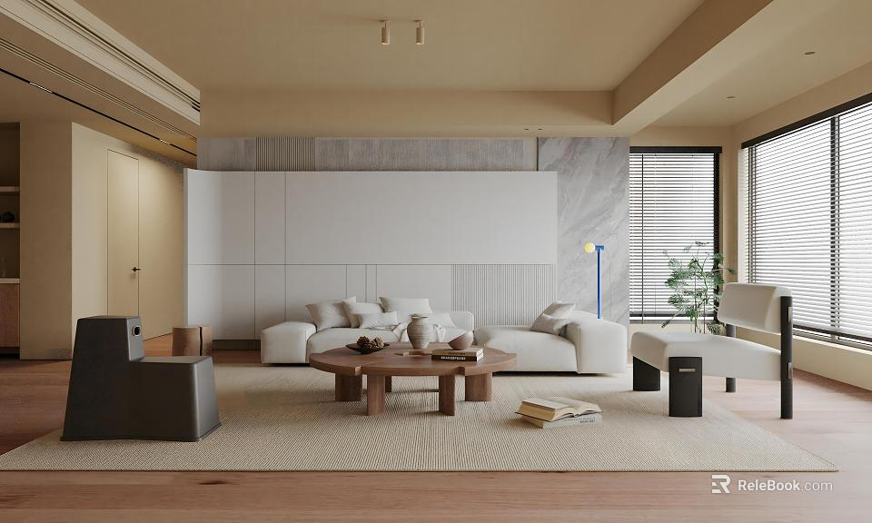 Modern Living and Dining Room Interior With Sofa Coffee Table Area Rug And Large Windows 3d model 