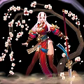 Fantasy Female Game Character Long White Hair Red Horns Ornate Red Gold Outfit Cherry Blossoms