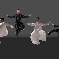 Men in Traditional Robes Performing Dynamic Dance Moves on Reflective Floor with Gray Background