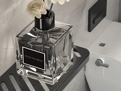Transparent Square Perfume Bottle With Flower Decoration On Bathroom Shelf 3d model