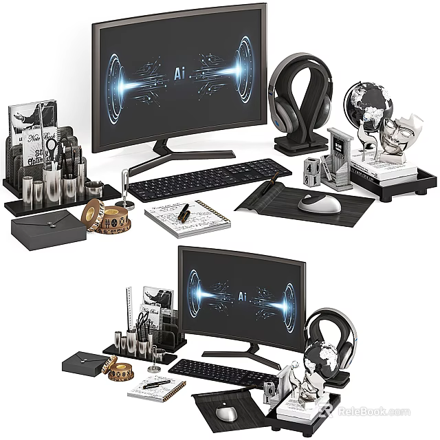 Modern Computer Workspace Setup With Dual Monitors Keyboard Mouse Headphones And Office Supplies 3d model 