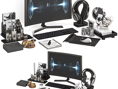 Modern Computer Workspace Setup With Dual Monitors Keyboard Mouse Headphones And Office Supplies 3d model