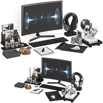 Modern Computer Workspace Setup With Dual Monitors Keyboard Mouse Headphones And Office Supplies 3d model