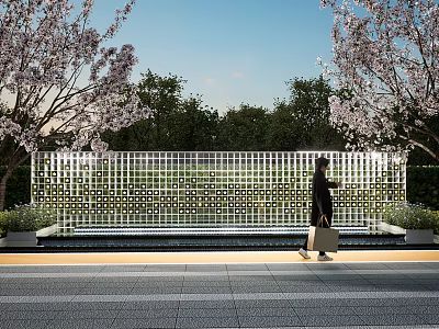 Outdoor Scenic Feature Wall With Perforated Square Panels And Cherry Blossom Trees 3d model
