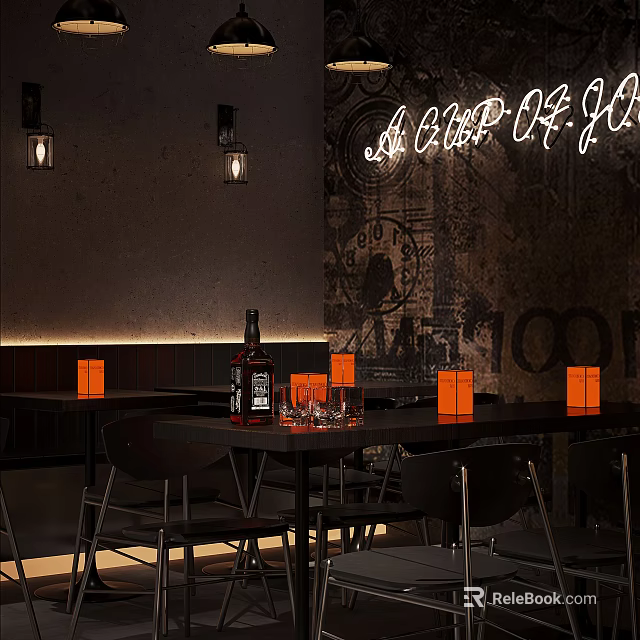 Vintage Bar Interior With Neon Sign Bar Counter Wine Bottles Glassware And Orange Accents 3d model 