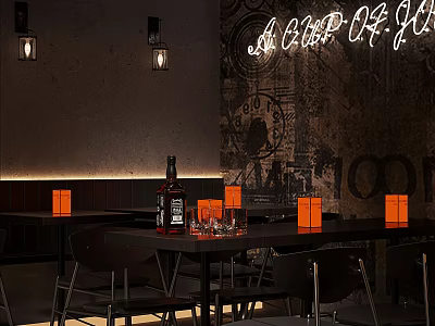 Vintage Bar Interior With Neon Sign Bar Counter Wine Bottles Glassware And Orange Accents 3d model
