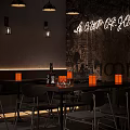 Vintage Bar Interior With Neon Sign Bar Counter Wine Bottles Glassware And Orange Accents