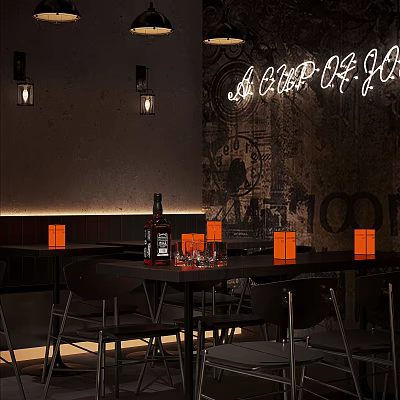 Vintage Bar Interior With Neon Sign Bar Counter Wine Bottles Glassware And Orange Accents 3d model