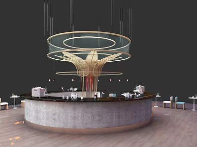 Modern Circular Bar Counter With Gold Metal Lighting Fixture And Surrounding Seating 3d model