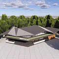 Modern Sloped Roof Building Design With Surrounding Trees Blue Sky And Paved Square