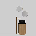 Modern Bathroom Washbasin With Wooden Base Black Bowl Basin And Round Illuminated Mirror