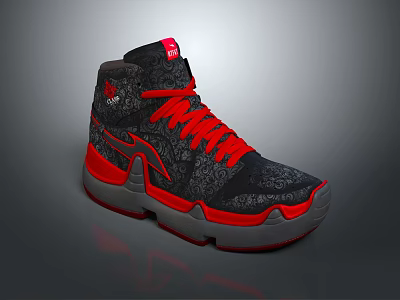 High Top Black Red Patterned Sneakers With Red Laces Gray Sole And Tongue Logo 3d model