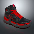 High Top Black Red Patterned Sneakers With Red Laces Gray Sole And Tongue Logo