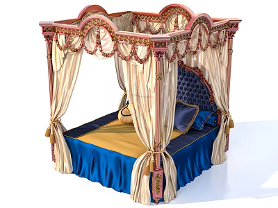 Ornate Canopy Double Bed With Carved Frame Upholstered Headboard And Blue Yellow Bedding 3d model