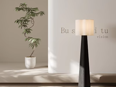 Modern Floor Lamp with Black Stand and White Shade Beside Green Plant on Light Wall 3d model