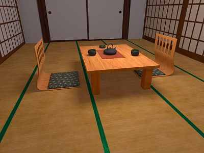 Traditional Japanese Room Interior With Tatami Floor Wooden Table Chairs Tea Set And Sliding Doors 3d model