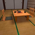 Traditional Japanese Room Interior With Tatami Floor Wooden Table Chairs Tea Set And Sliding Doors