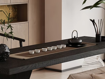Traditional Chinese Tea Set with Black Teapot and White Cups on Dark Wooden Tea Table 3d model