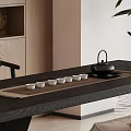Traditional Chinese Tea Set with Black Teapot and White Cups on Dark Wooden Tea Table
