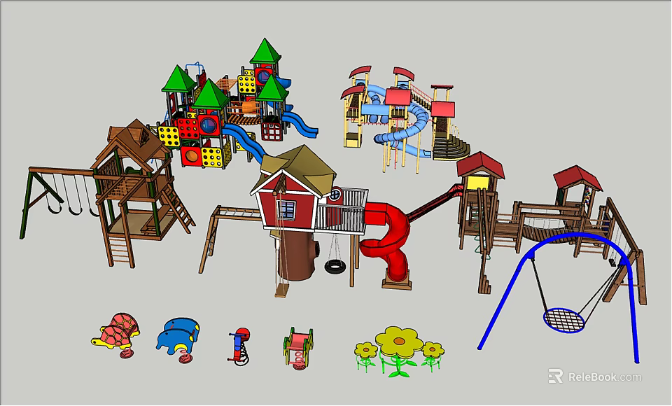 Fun Colorful Outdoor Playground Equipment With Slides Swings Climbing Structures And Playhouses 3d model 