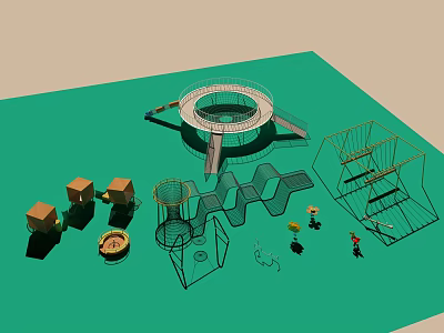 Outdoor Playground Design With Circular Structure Climbing Frames And Square Blocks 3d model