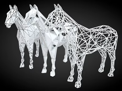 Three White Geometric Horse Sculptures With Wireframe Design As Modern Home Furniture 3d model