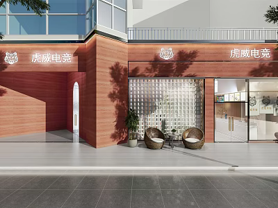 Modern E sports Mall Store With Wooden Facade Glass Doors And Entrance Seats 3d model