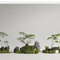 Lush Garden Courtyard Featuring Ferns Stones Moss Logs And Round Lights