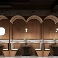Modern Restaurant Interior With Wooden Walls Chandeliers Bar Counter And Tables Chairs