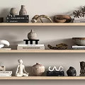 Decorative Ornament Set On Wooden Shelves With Vases Books Sculptures And Decor Items