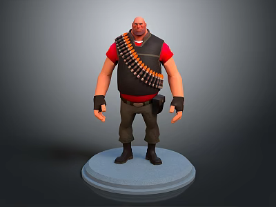 Bald Muscular Game Character With Red T-shirt Black Vest Ammunition Belt And Dark Boots 3d model
