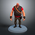 Bald Muscular Game Character With Red T-shirt Black Vest Ammunition Belt And Dark Boots