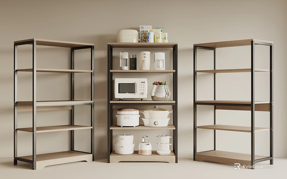Open Kitchen Storage Shelving Unit With Metal Frame Wooden Shelves Microwave Jars Bowls 3d model 