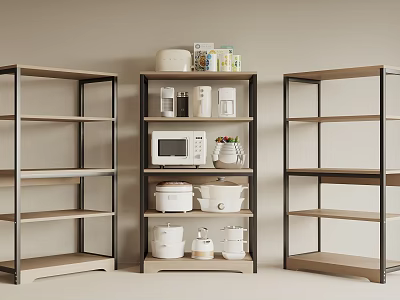 Open Kitchen Storage Shelving Unit With Metal Frame Wooden Shelves Microwave Jars Bowls 3d model