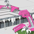 Pink Illuminated Pavilion with Geometric Structure and Spiral Patterns Surrounded by Palm Trees and People