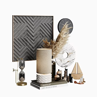 Decorative Ornament Set With Geometric Wall Art Black Clock Dried Pampas Grass Hourglass And Sailboat 3d model