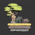 Low Poly Safari Animals Featuring Giraffe Elephant Rhinoceros Deer With Green Tree On Yellow Ground