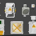 Industrial Electronic Electrical Devices Featuring Metal Enclosures Orange Warning Triangles Control Panels And Fans