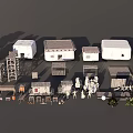 Commercial Street Scene With Multiple Buildings Red Roofs Palm Trees And Vehicles