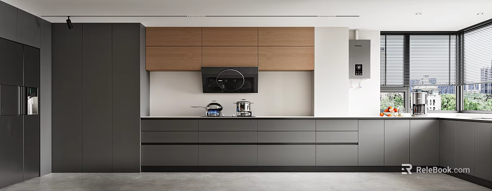 Modern Kitchen Interior With Wooden And Gray Cabinets Range Hood And Appliances 3d model 