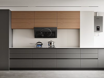 Modern Kitchen Interior With Wooden And Gray Cabinets Range Hood And Appliances 3d model