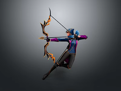 Man Aiming With Decorative Bow In Purple And Blue Outfit Dynamic Pose 3d model