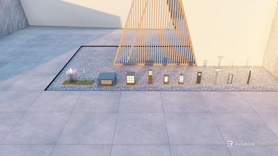Outdoor Lights In Various Styles With Gravel Ground Gray Stone Slabs And Wooden Structure 3d model 