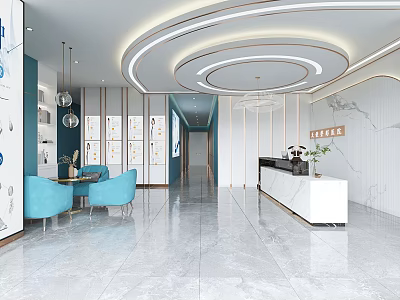 Modern Lobby Interior With Blue Chairs White Reception Desk Pendant Lights And Marble Floor 3d model