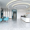 Modern Lobby Interior With Blue Chairs White Reception Desk Pendant Lights And Marble Floor