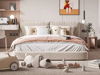 Cozy Kids Bed In Children's Bedroom With Soft Bedding Plush Pillows And Stuffed Animals 3d model